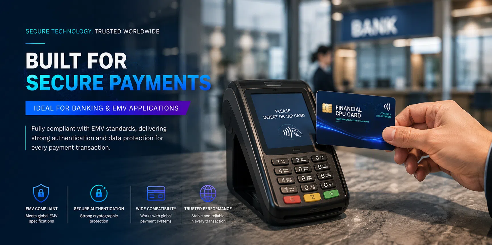 Financial CPU card tapped on a POS terminal for secure EMV payment at a bank, built for banking applications