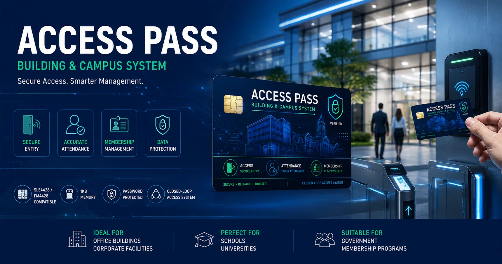 Access control and campus card overview — SLE4428 / FM4428 logic-encryption contact card for building access and campus systems