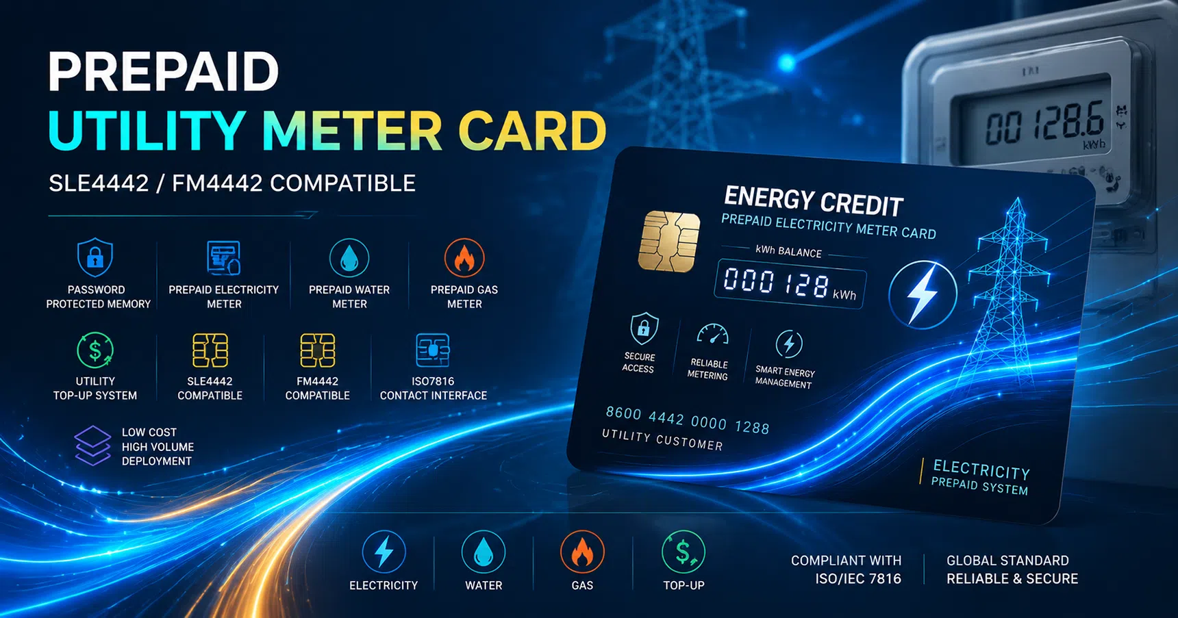 Prepaid utility meter card overview — SLE4442 / FM4442 logic-encryption contact card for water, electricity and gas prepayment
