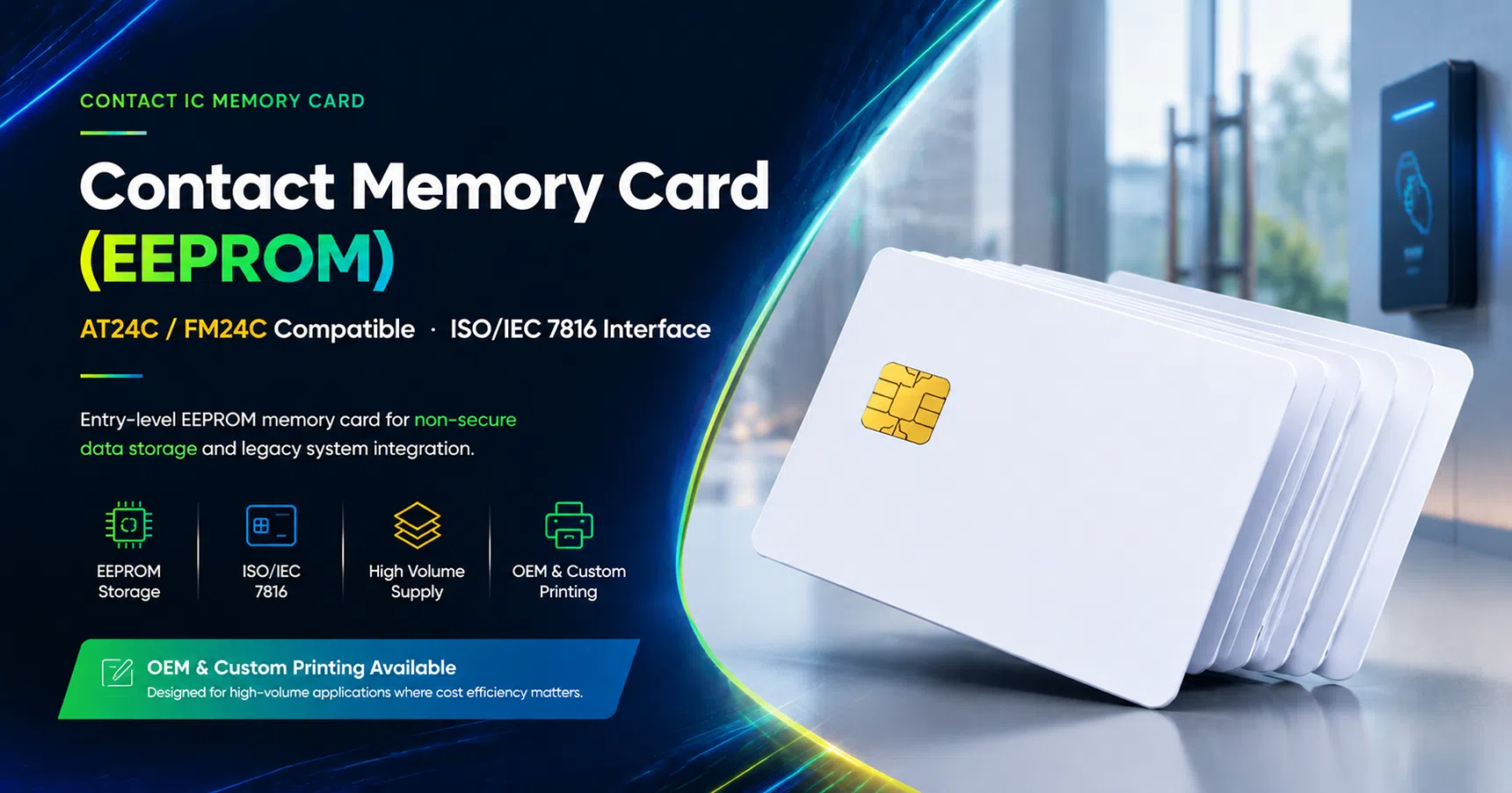 Basic Data Storage Card overview — contact memory IC card with EEPROM chip, AT24C / FM24C compatible, ISO 7816, for reliable data storage and system integration