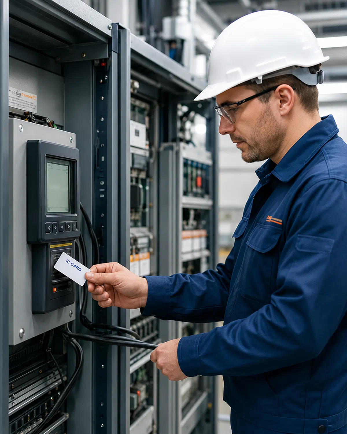 Device service record card storing maintenance logs and equipment IDs using EEPROM contact memory card