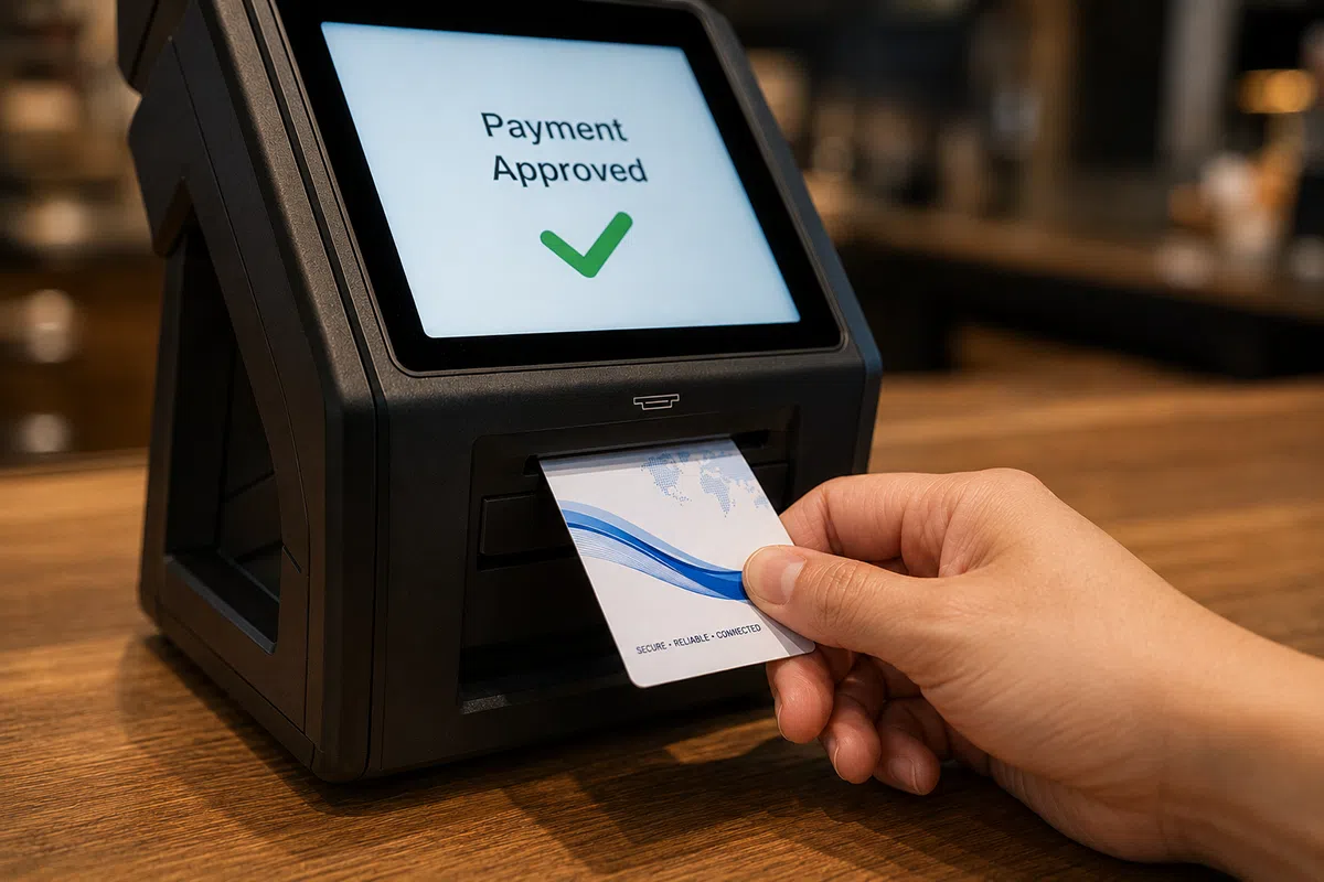 Contact CPU card inserted into an EMV POS payment terminal