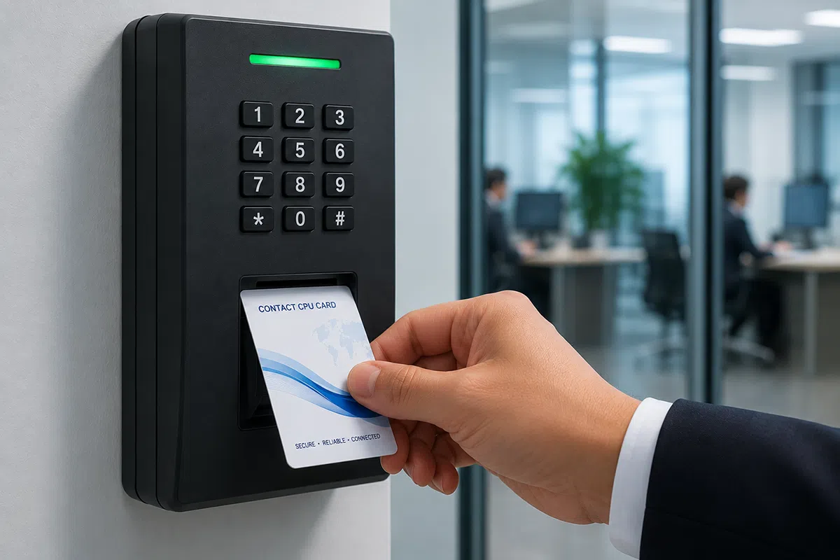 Contact CPU card inserted into an enterprise access control reader