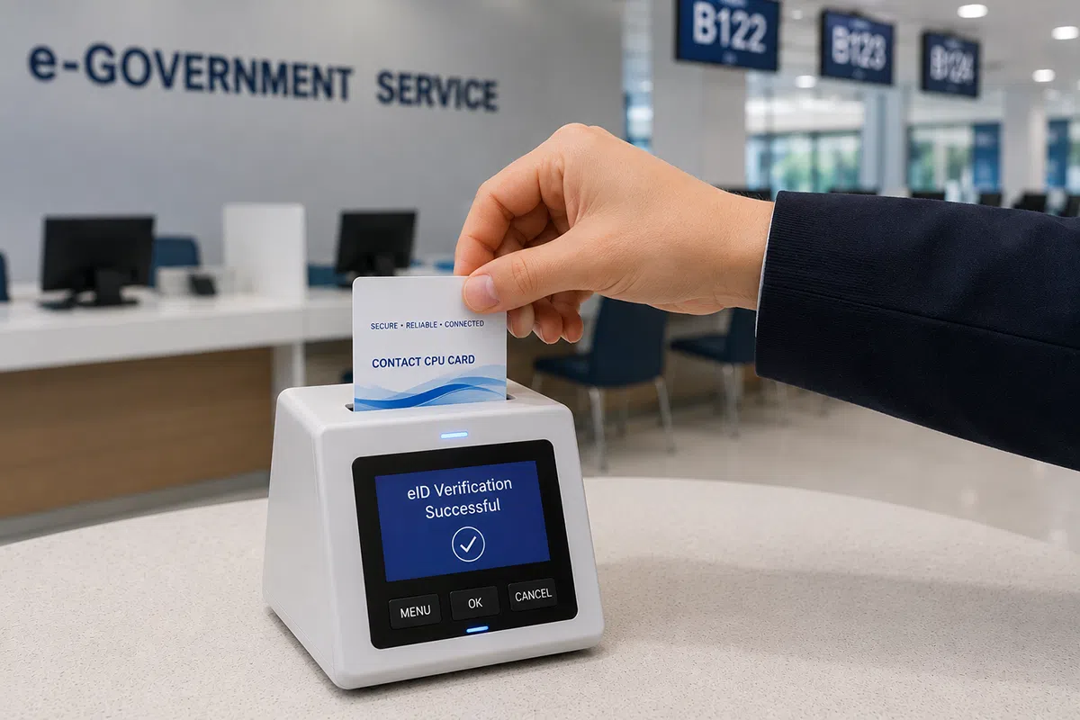 Contact CPU card inserted into an e-Government eID verification reader
