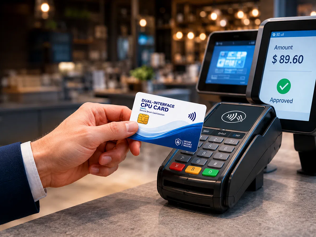 Dual-interface CPU card tapped at an EMV payment terminal
