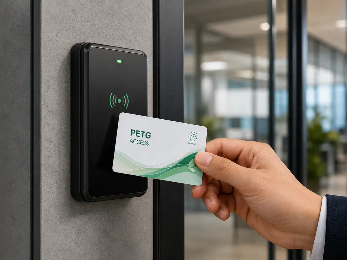 PETG access control card tapped on an office door RFID reader