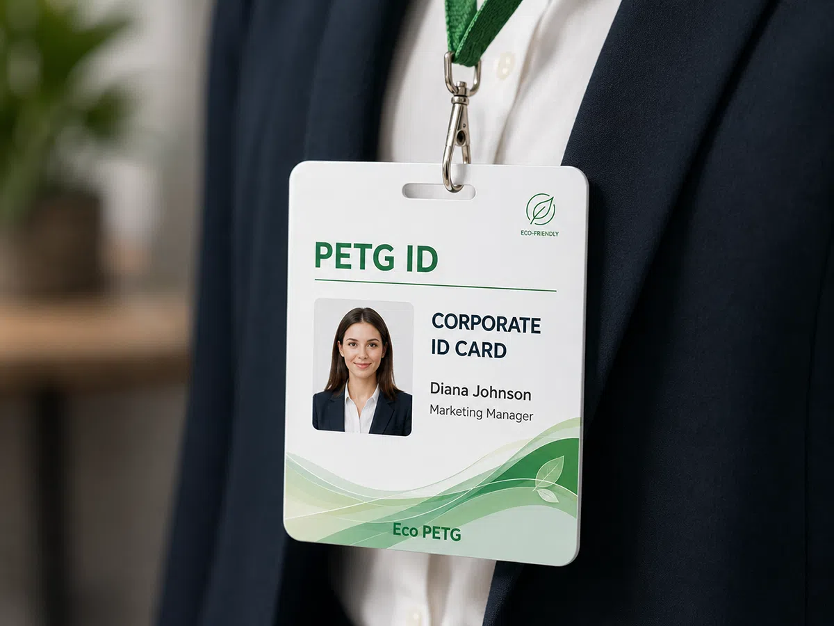 PETG corporate ID badge on a green lanyard
