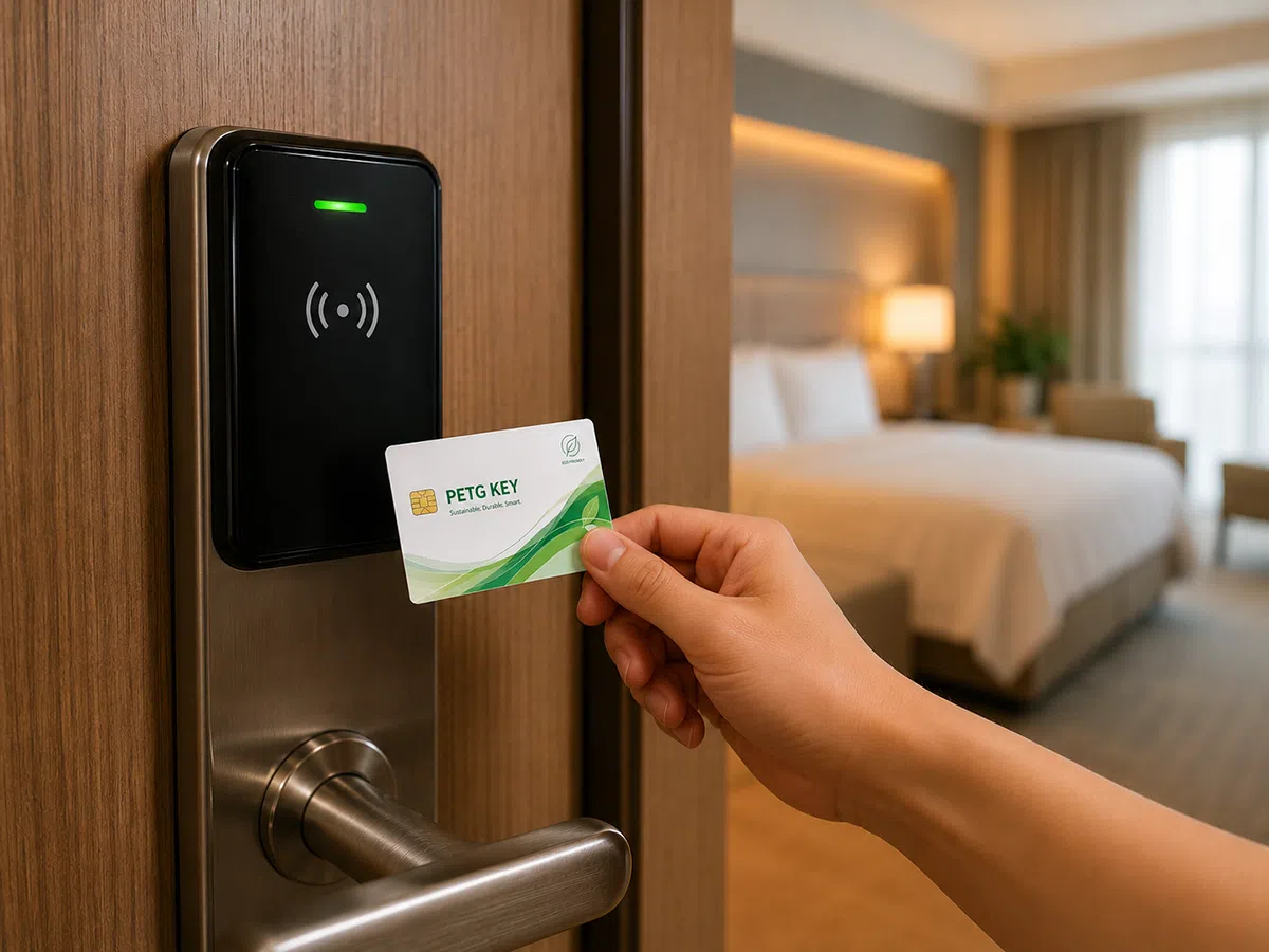 PETG hotel key card tapping a guest-room door lock reader