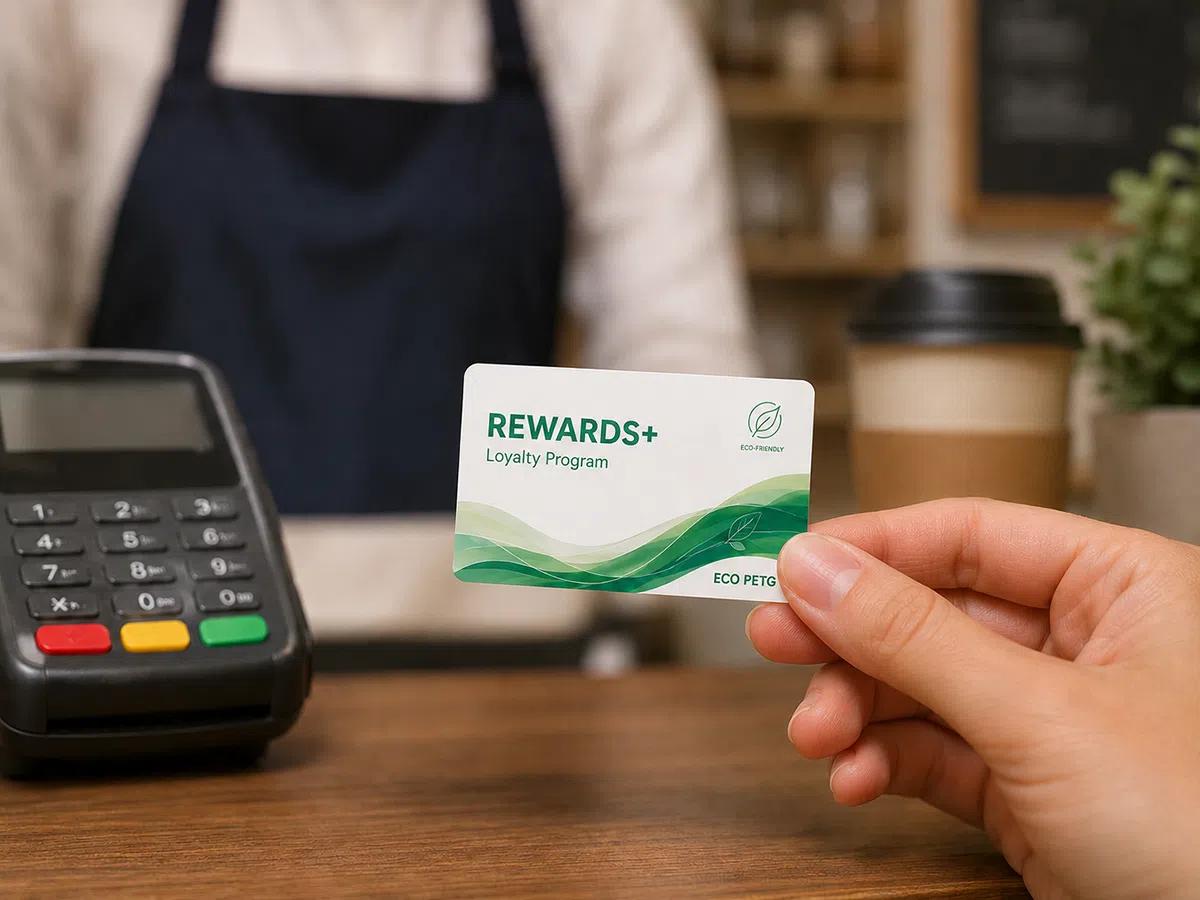 PETG loyalty membership card presented at a store counter