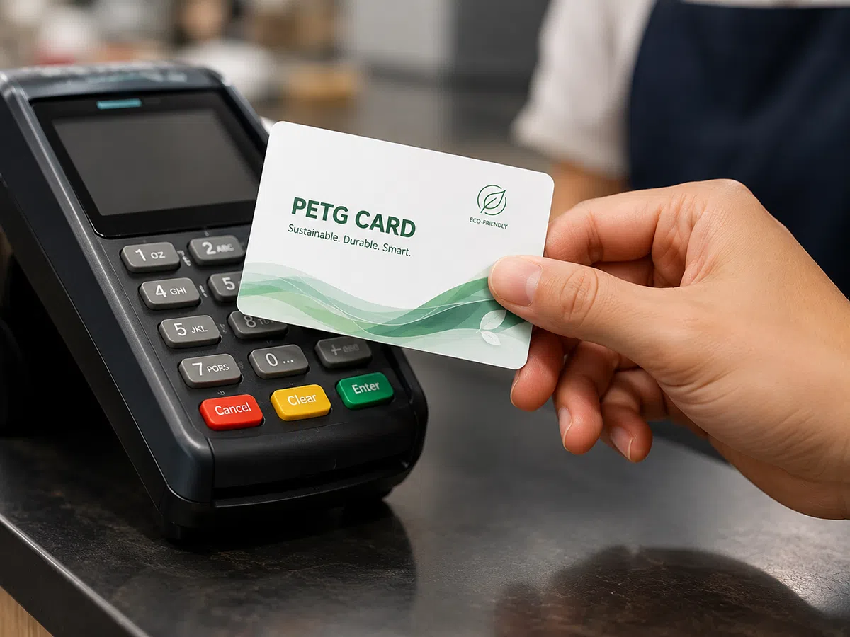 PETG payment card tapped on a retail POS terminal at checkout