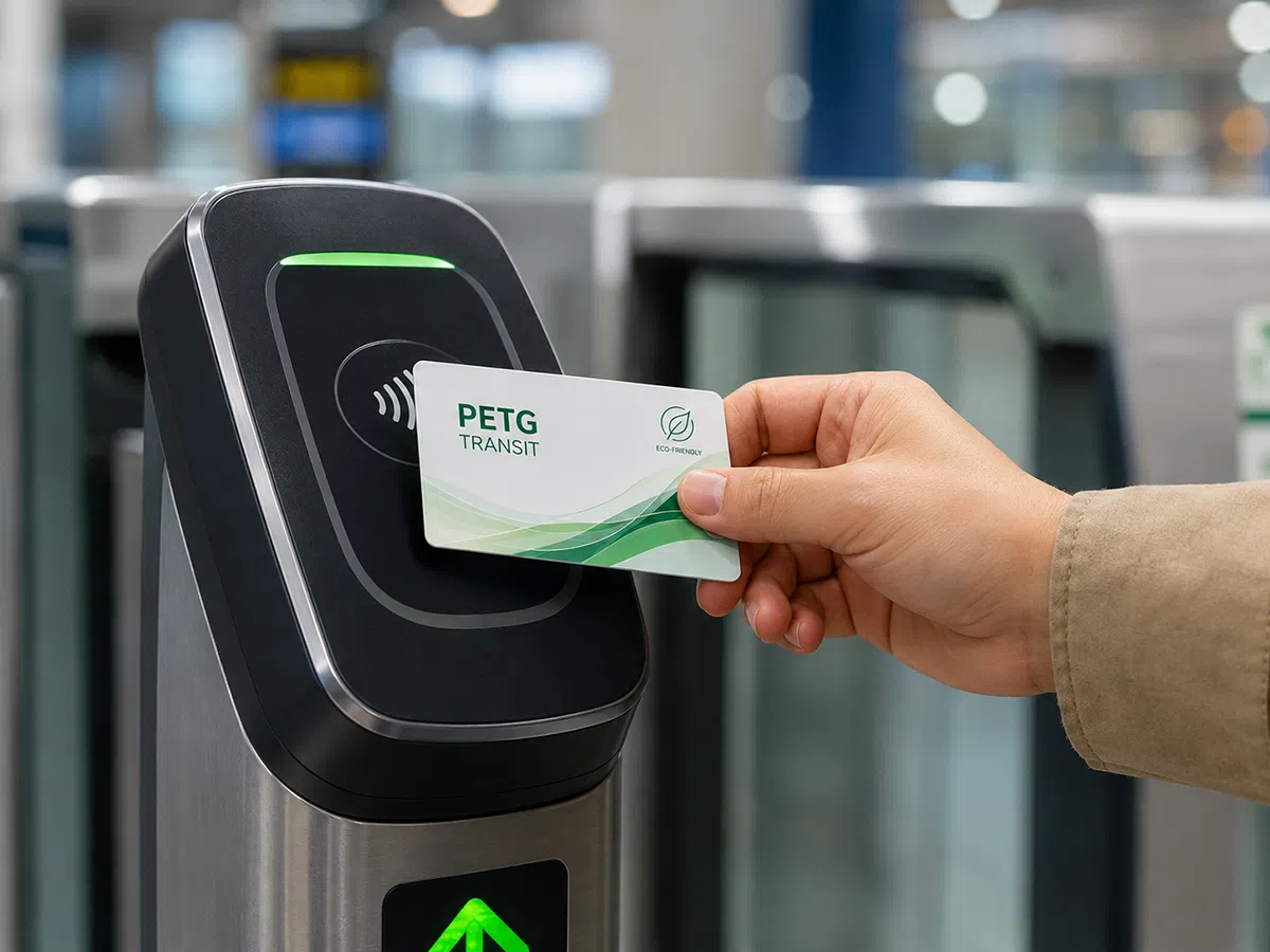 Eco-friendly PETG transit card tapped on a subway fare gate