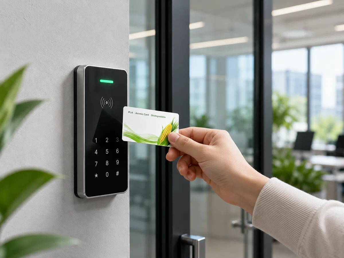 PLA access control card tapped on an office door RFID reader