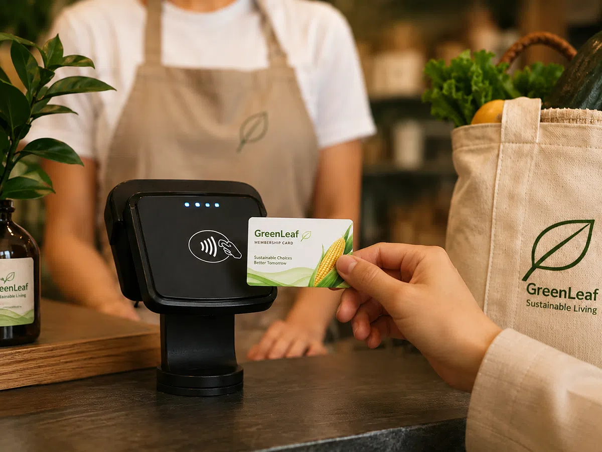 PLA biodegradable gift card handed over at an eco retail store counter
