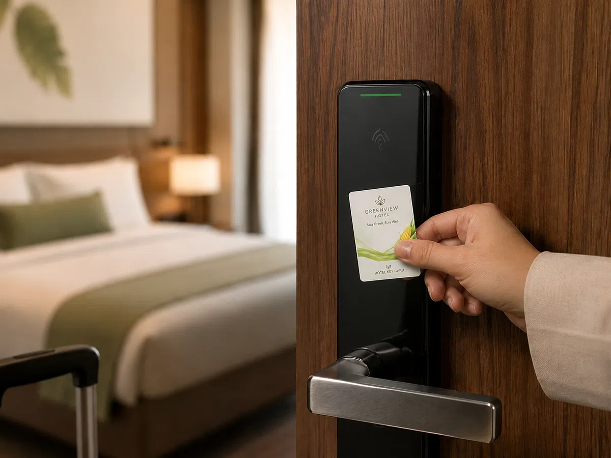 PLA hotel key card unlocking an eco hotel guest room door lock