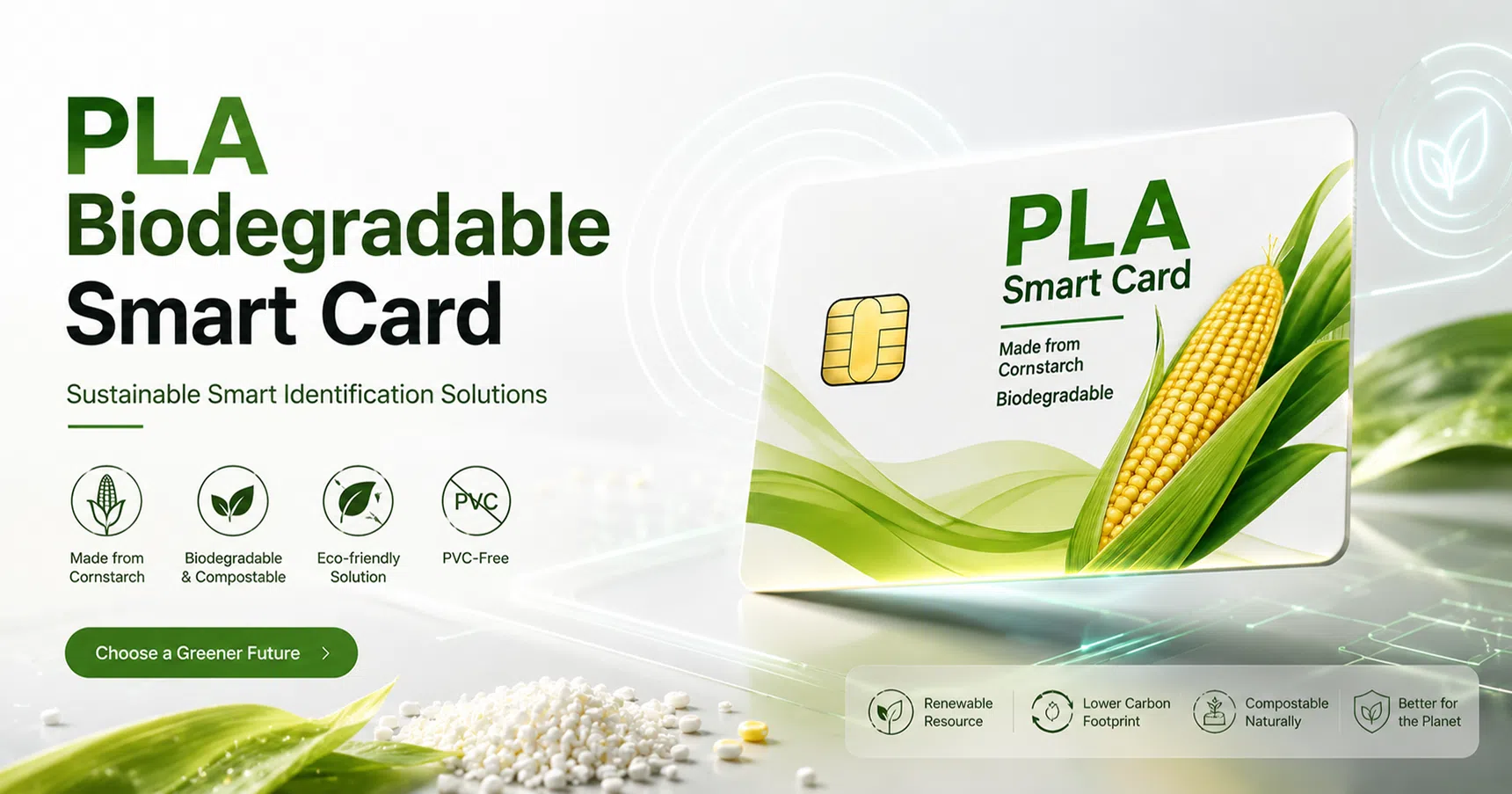 PLA biodegradable smart card infographic — corn starch, biodegradable, PVC-free sustainable card