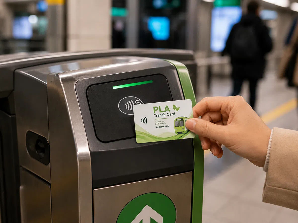 Biodegradable PLA transit card tapped on a subway fare gate reader