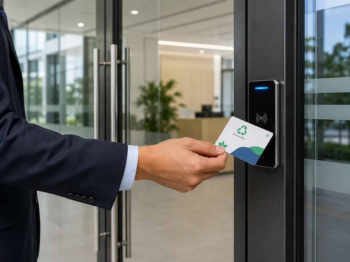 Recycled RPVC access control card tapped on an office door reader