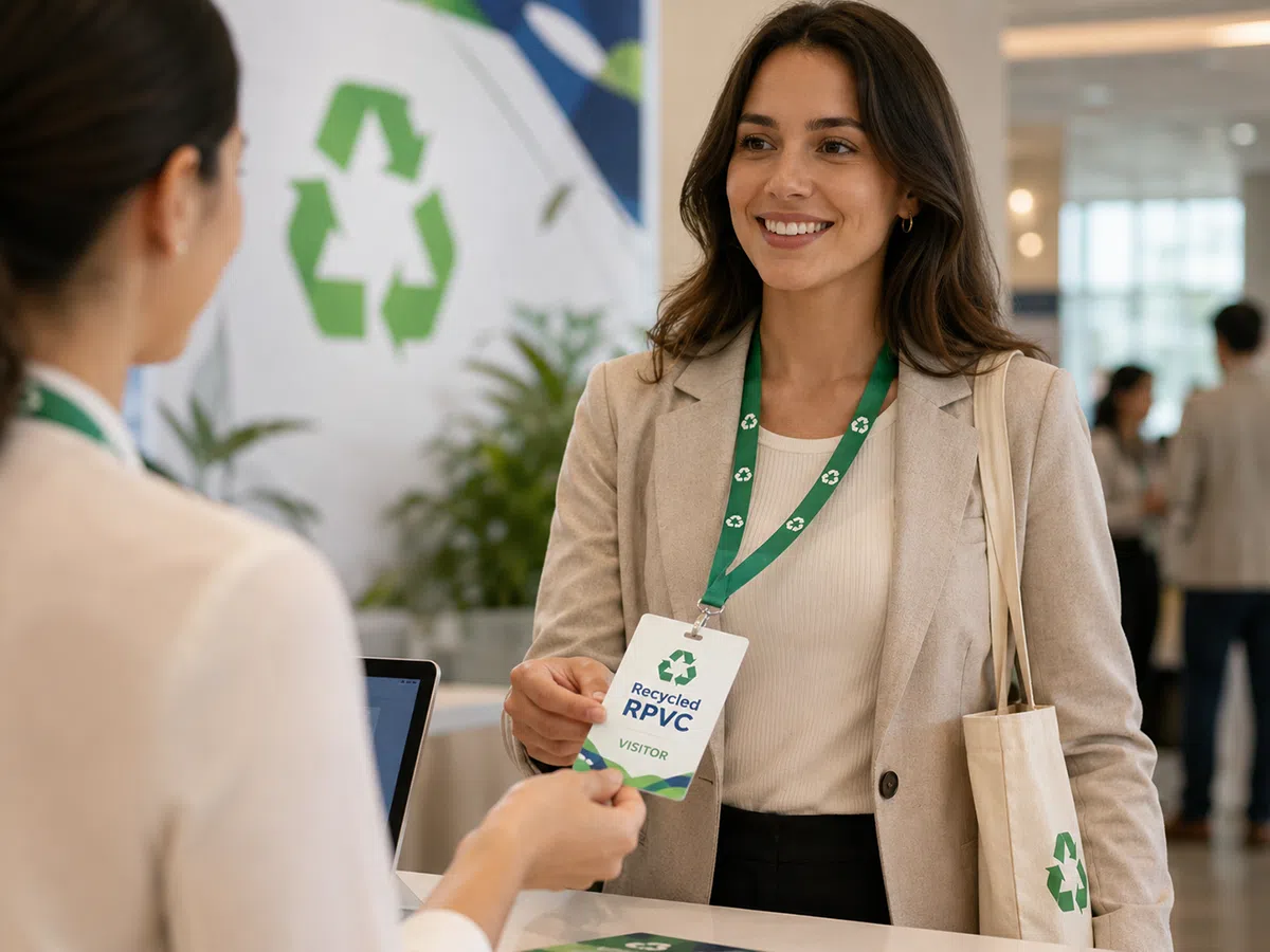 Recycled RPVC visitor ID badge on a green lanyard