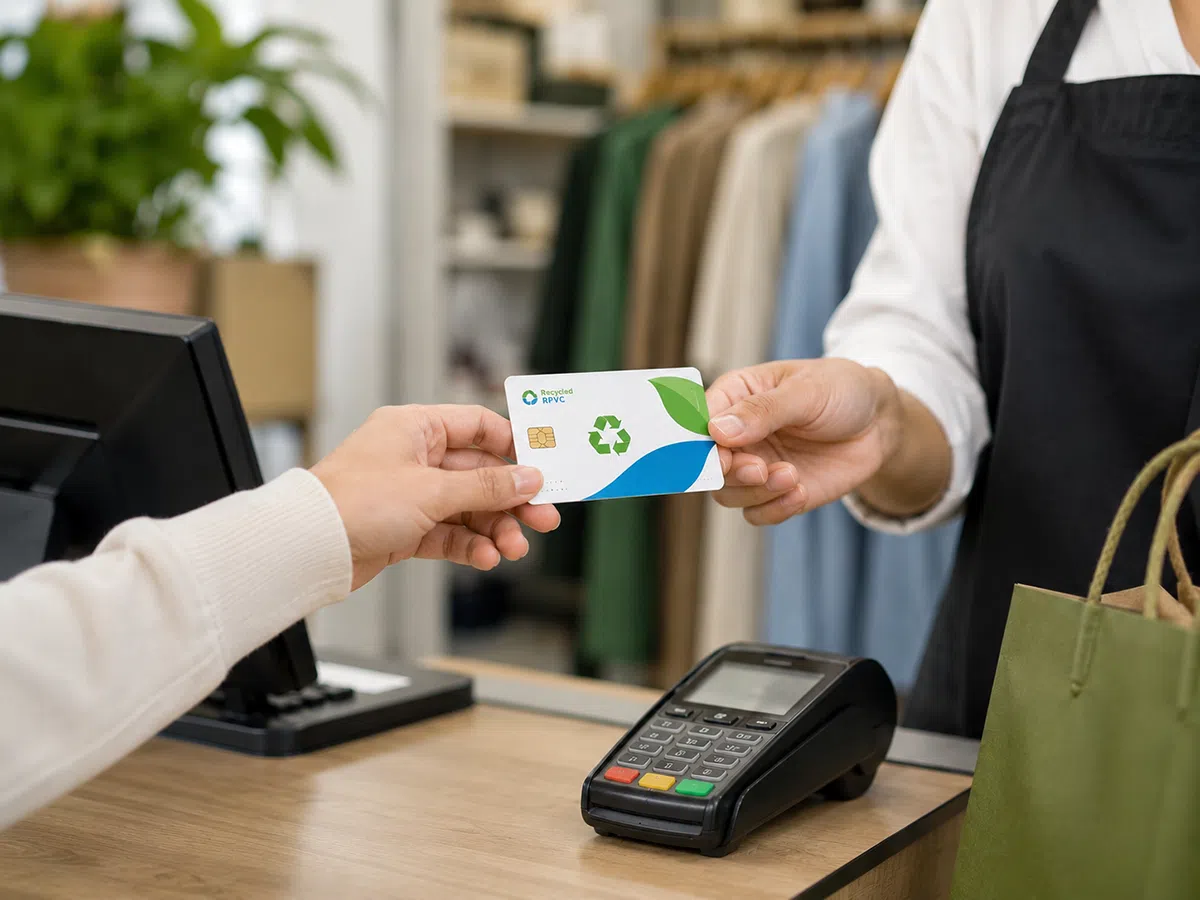 Recycled RPVC gift card handed over at a retail store counter