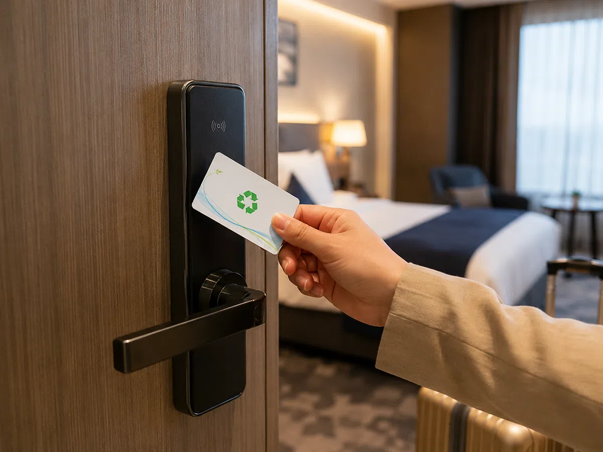 Recycled RPVC hotel key card tapping a guest-room door lock