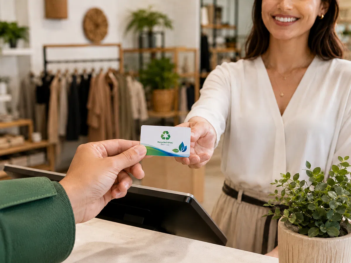 Recycled RPVC loyalty card tapped on a checkout POS reader
