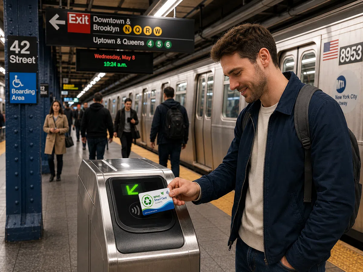 Recycled RPVC transit card tapped on a subway fare gate