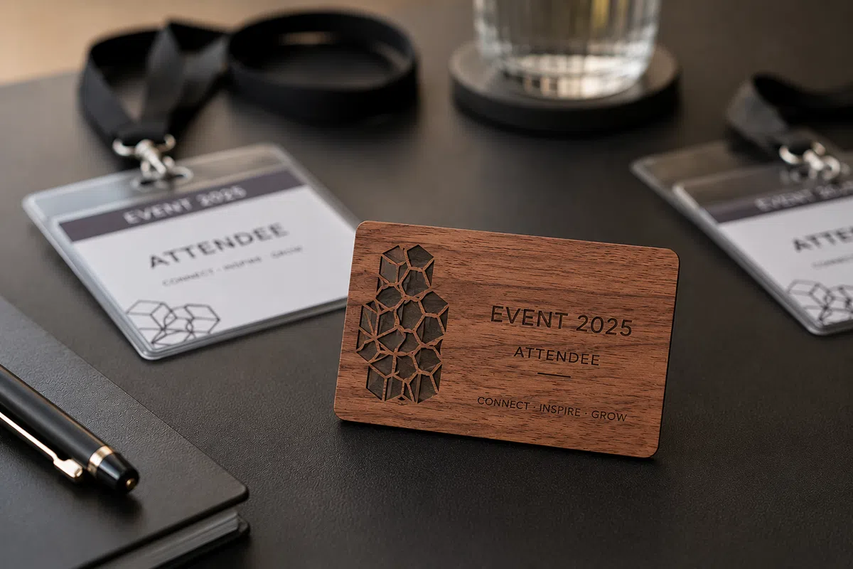Wooden branded card engraved for a promotional event