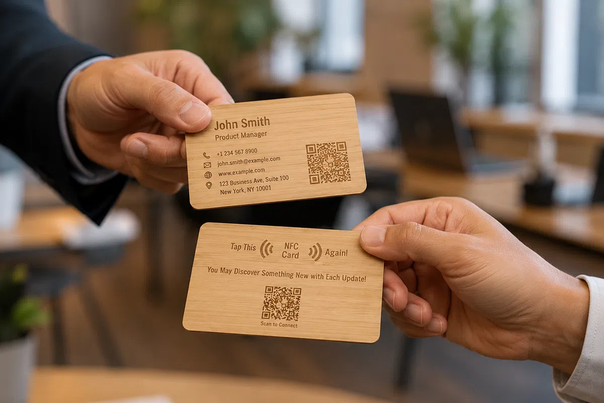 Wooden NFC business card exchanged between two hands