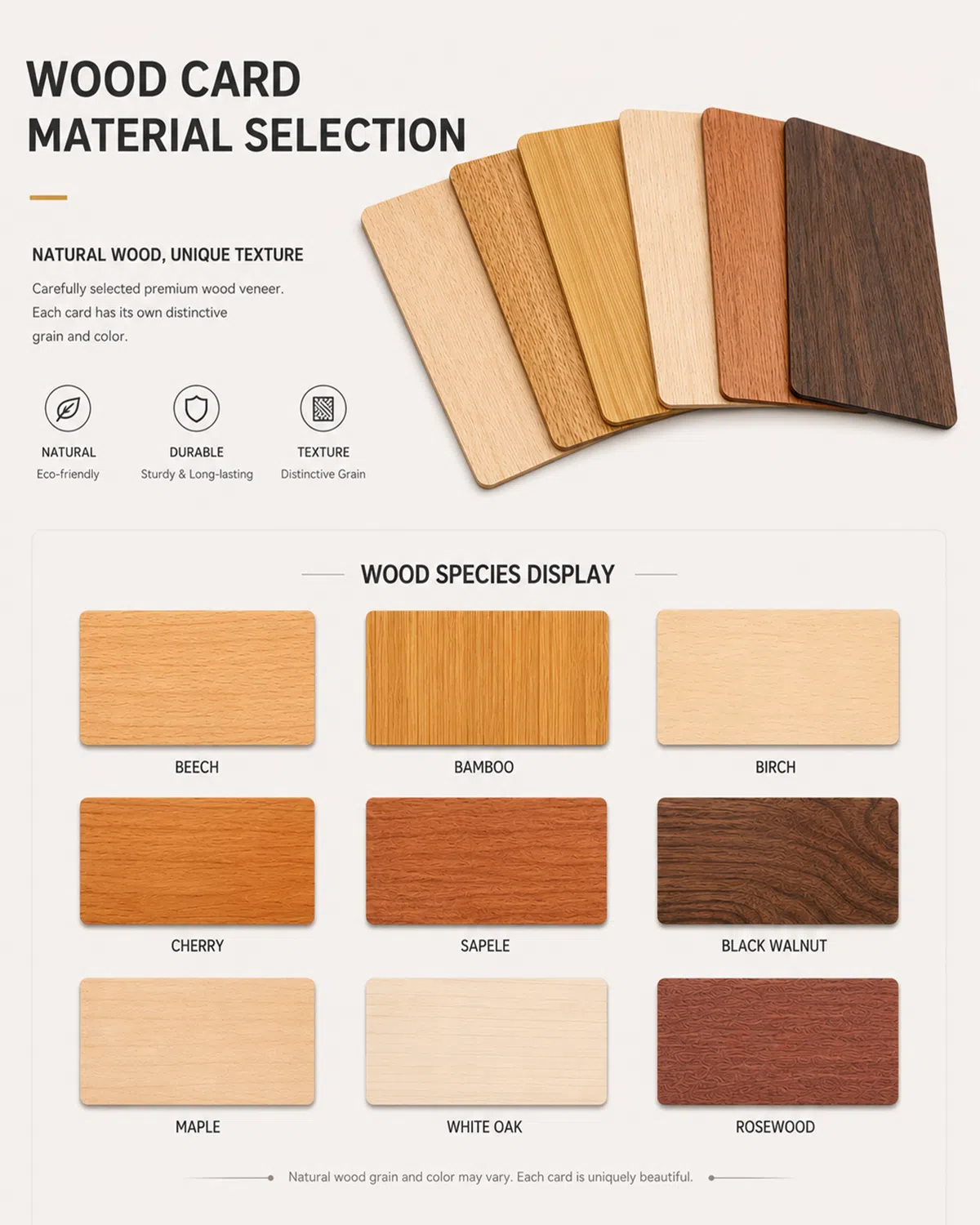 Wood species selection chart for wooden smart cards including beech, bamboo, cherry, walnut and more