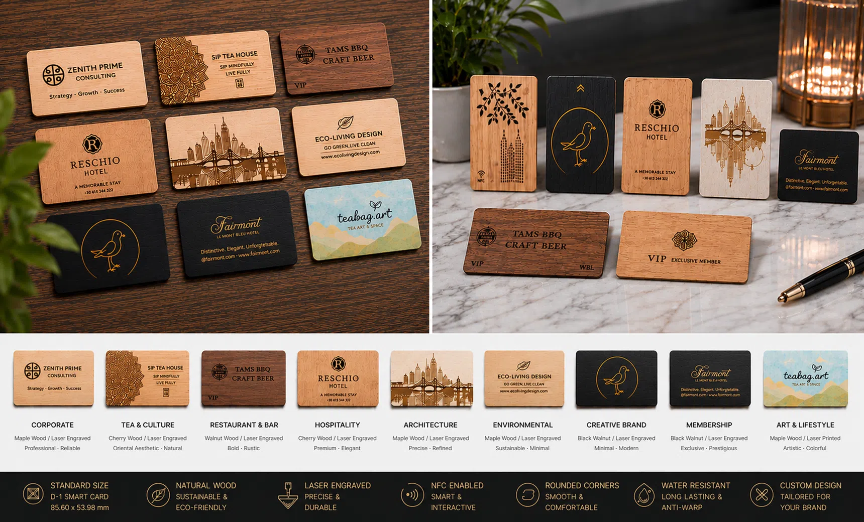 Wooden smart cards laser-engraved for different industries including hospitality, corporate, retail and membership brands