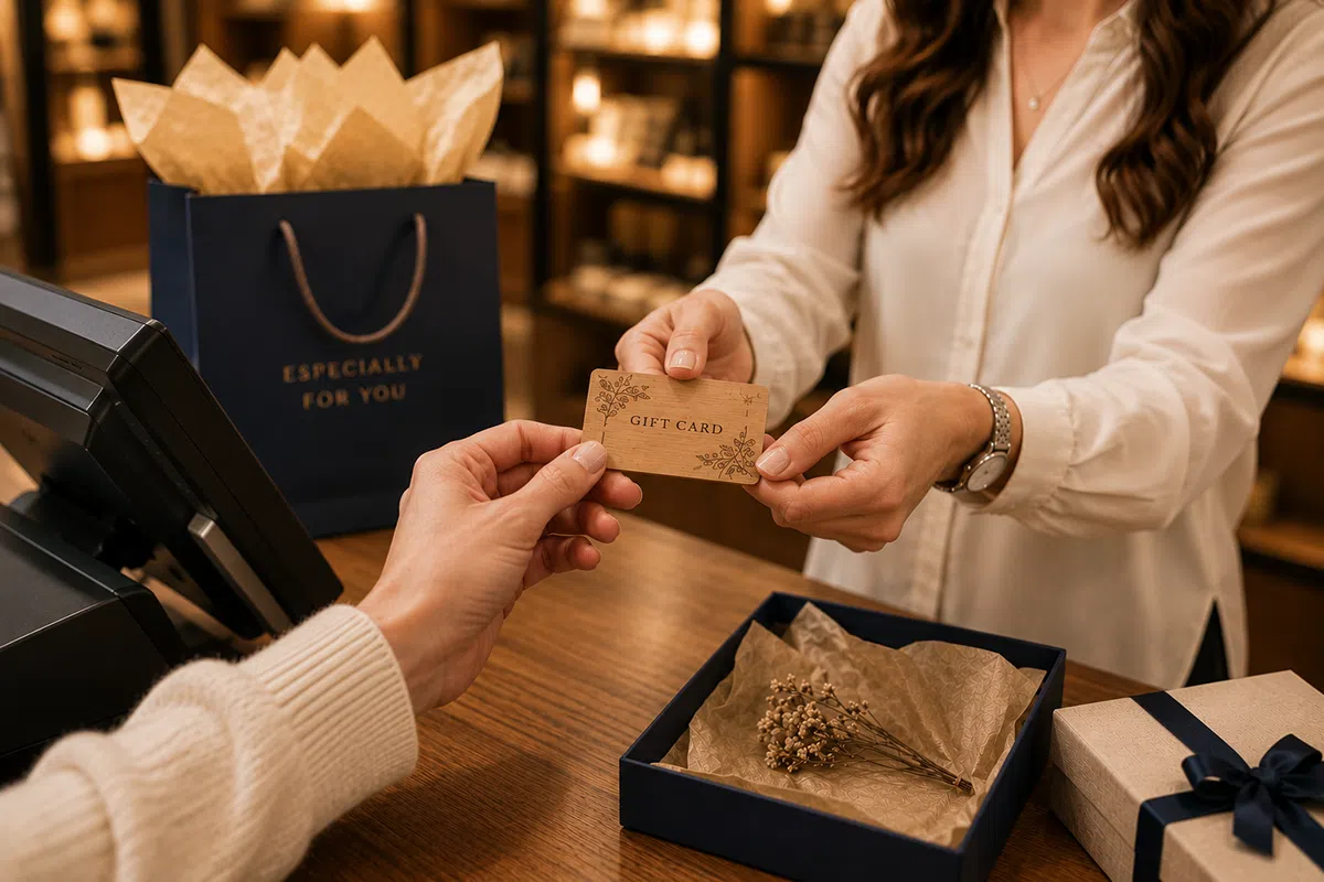 Wooden gift card with laser-engraved design presented as a retail gift