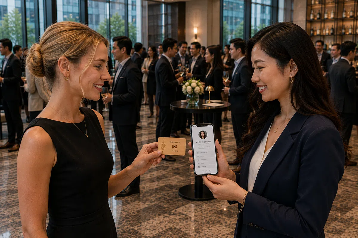 Wooden NFC card tapped on phone to share digital contact