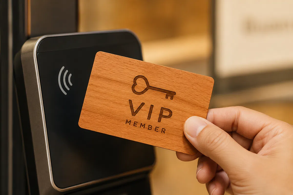 Wooden VIP membership card tapped on access reader