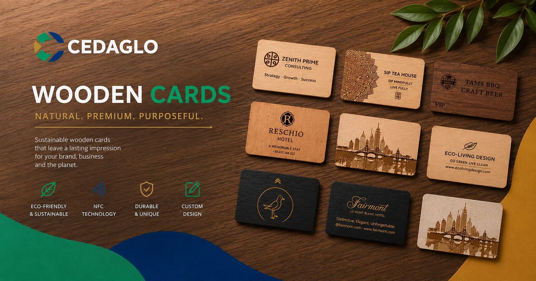 CedaGlo wooden smart cards for hospitality and corporate brands — eco-friendly, NFC-enabled, custom laser-engraved designs