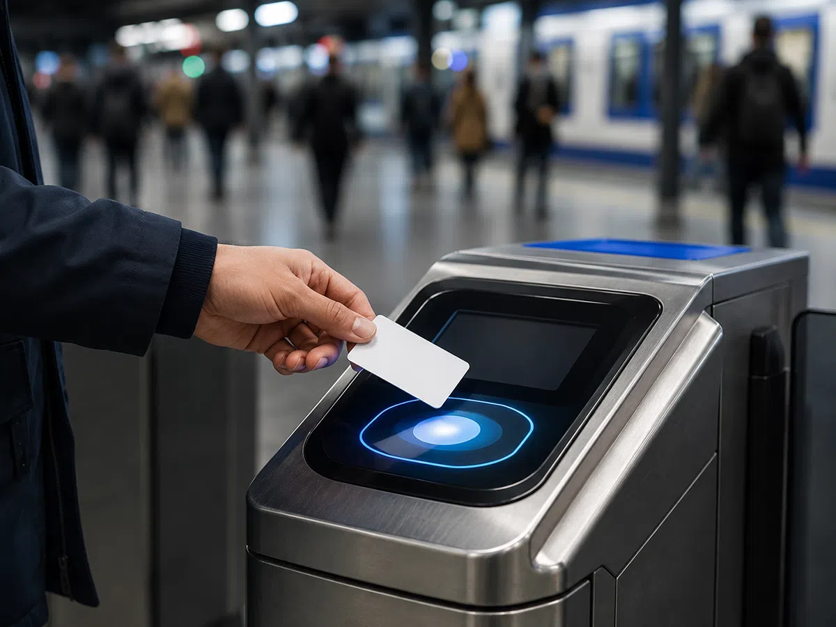 HF RFID transit card tapped at metro station turnstile