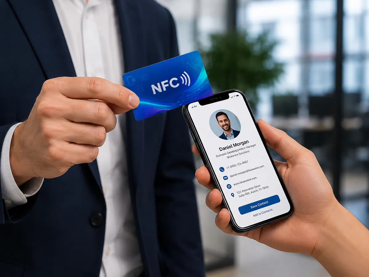 NFC digital business card tapped on smartphone to share contact