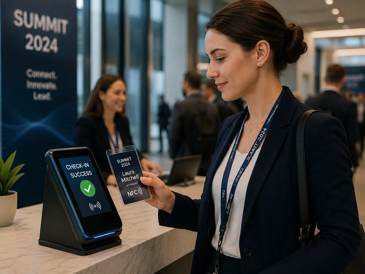 NFC event badge tapped for conference check-in success