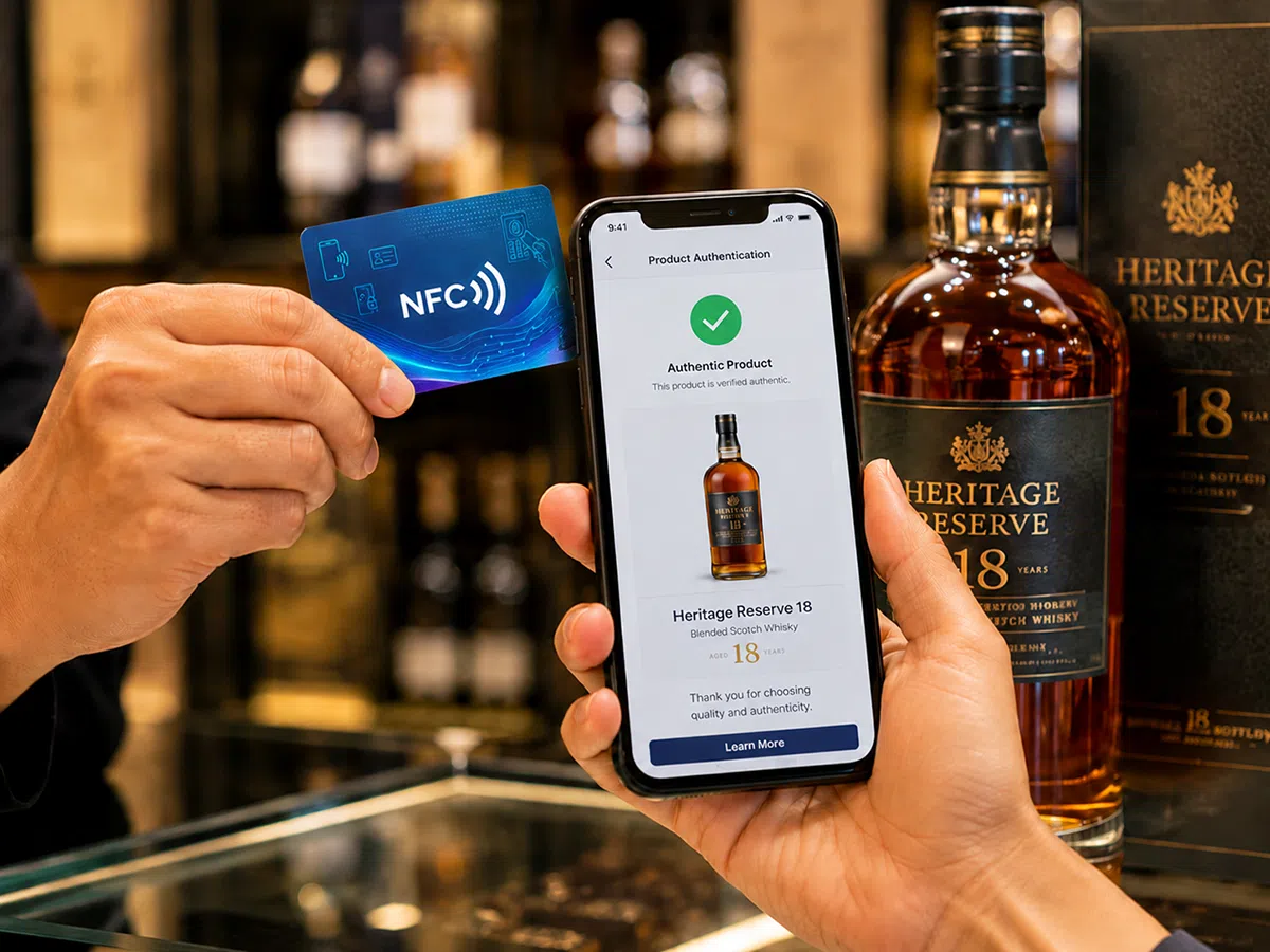 NFC card tapped on smartphone for product authentication verification