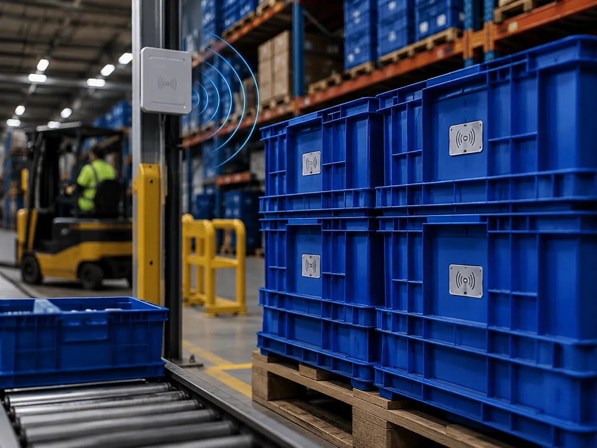 UHF RFID tags on returnable containers tracked in warehouse racking
