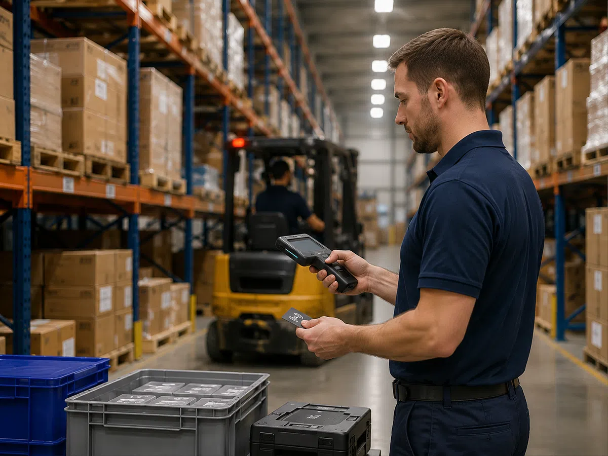 UHF RFID card scanned by handheld reader in warehouse inventory