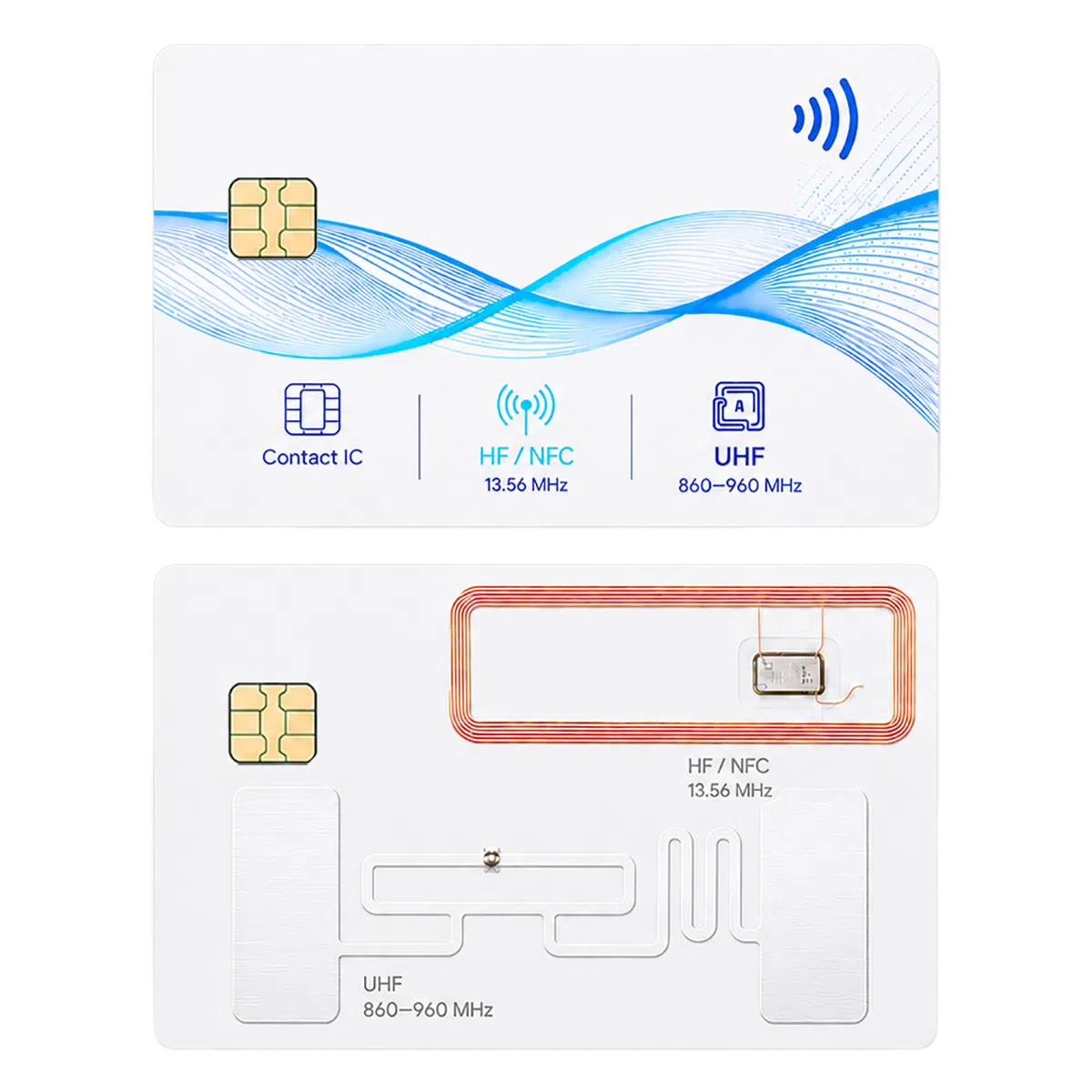 Hybrid RFID card with contact IC, HF/NFC and UHF chips
