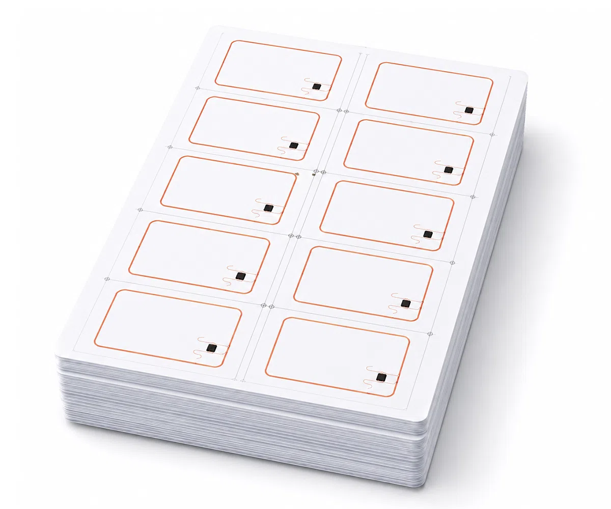 Contactless RFID prelam inlay sheet stack with embedded antennas and chips