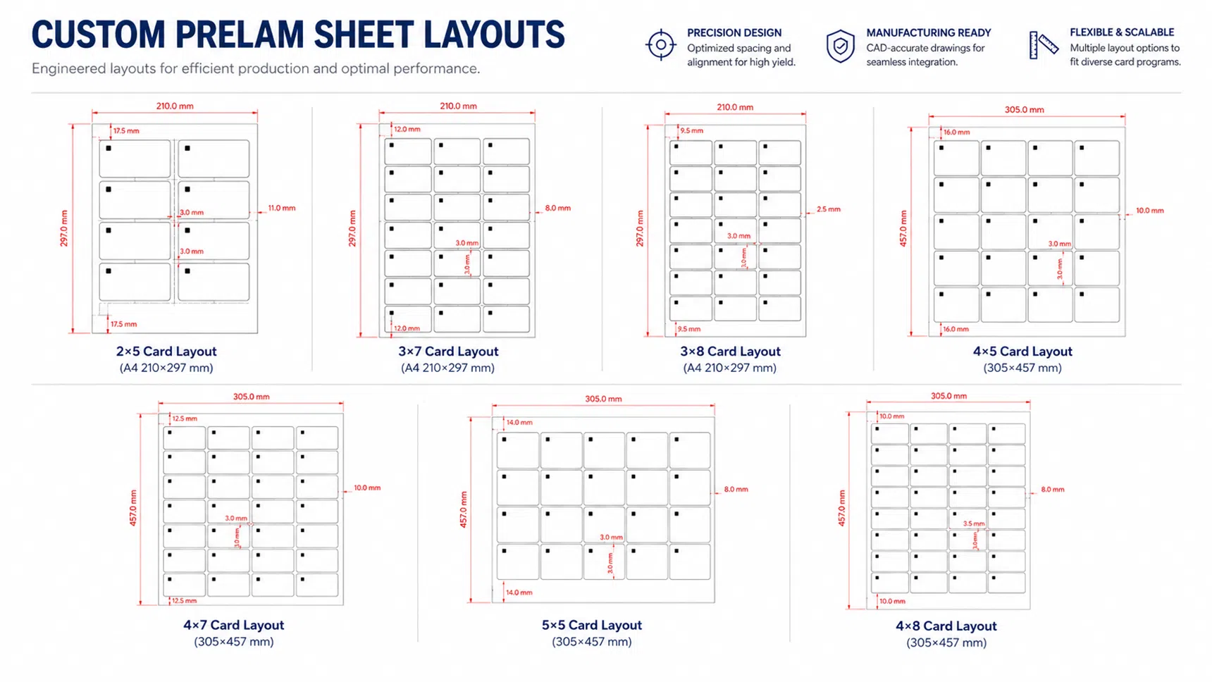 Custom prelam sheet layouts with dimensions: 2x5, 3x7, 3x8, 4x5, 4x7, 5x5 and 4x8 card layouts