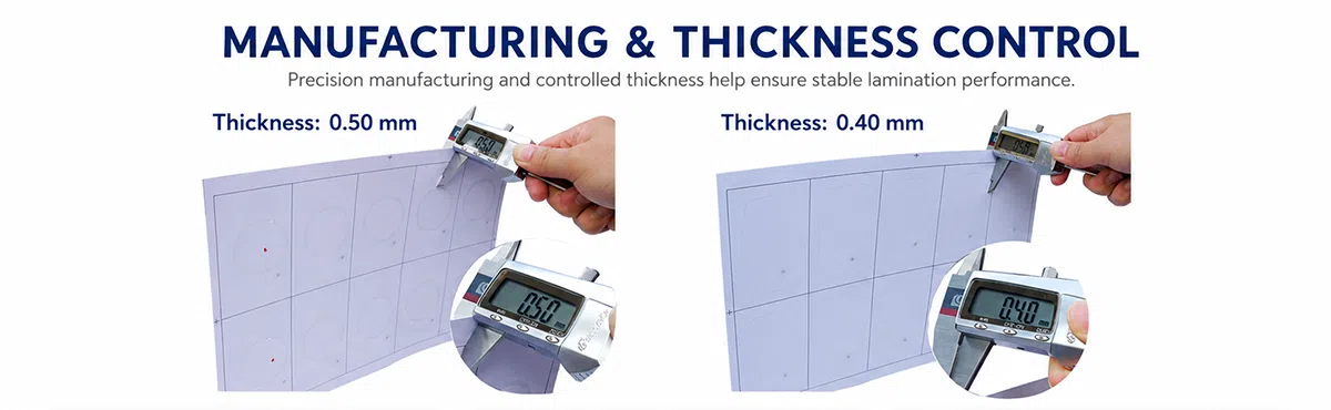 Prelam sheet thickness control measurement with digital caliper showing 0.50 mm and 0.40 mm