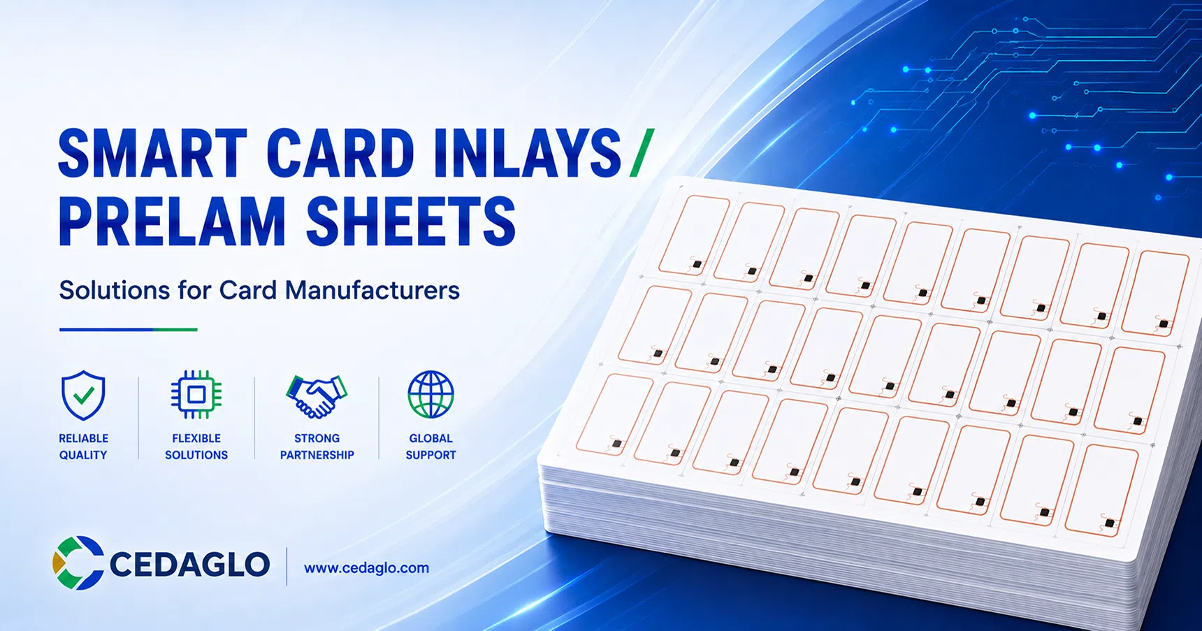 CedaGlo smart card inlays and prelam sheets for card manufacturers - LF HF UHF and dual-interface