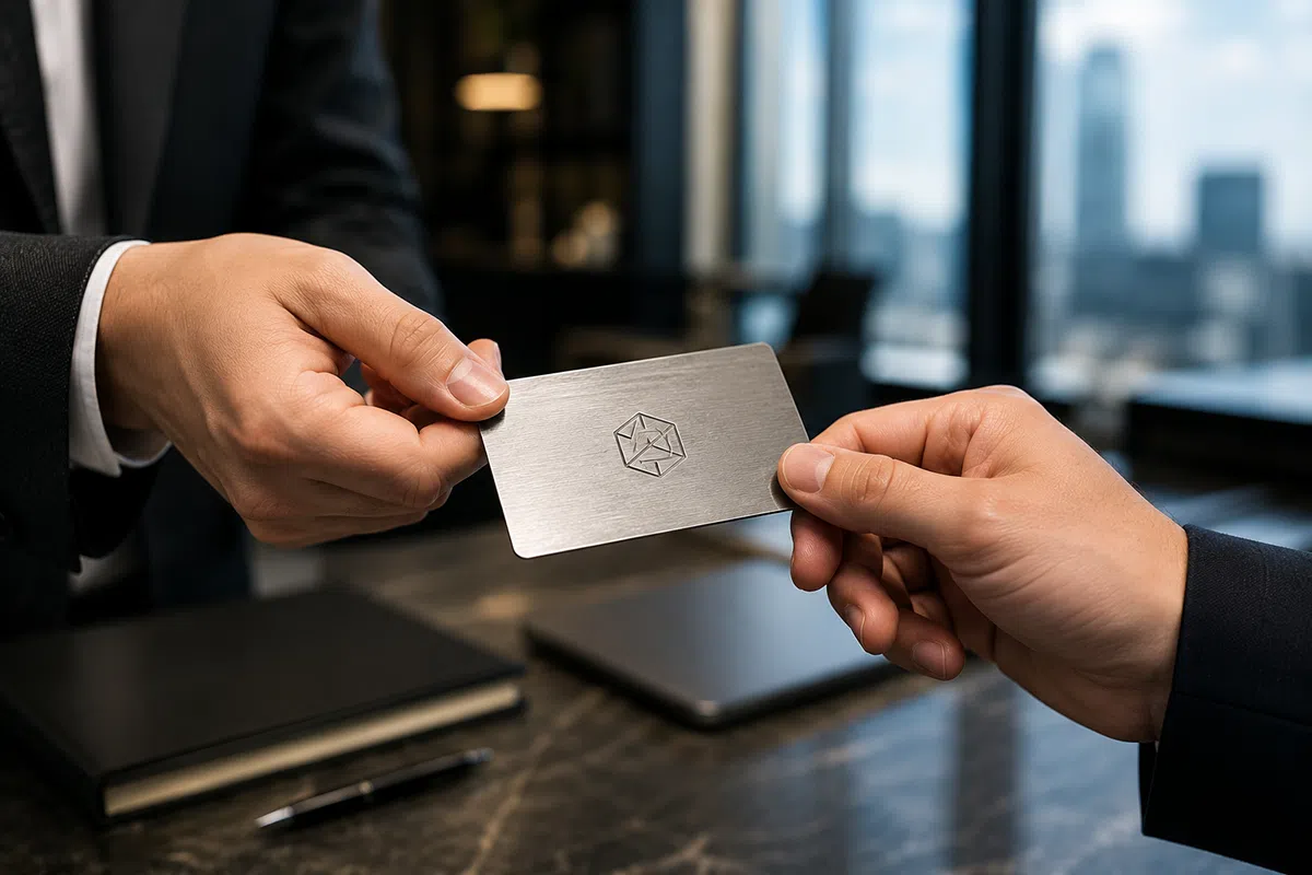 Metal NFC business card exchanged between two hands in an office