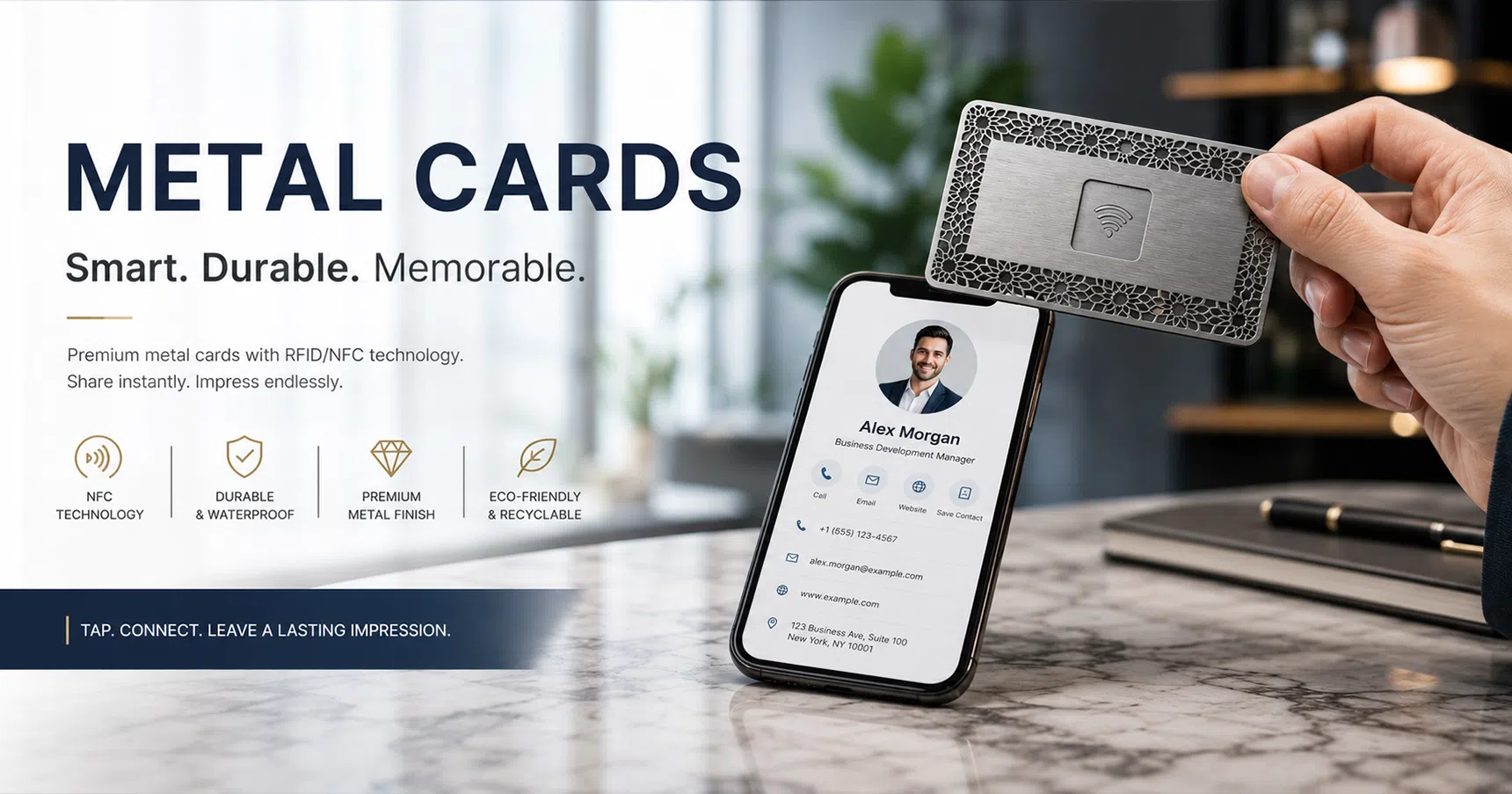 CedaGlo metal smart cards banner — durable NFC-enabled stainless steel cards for business and access control