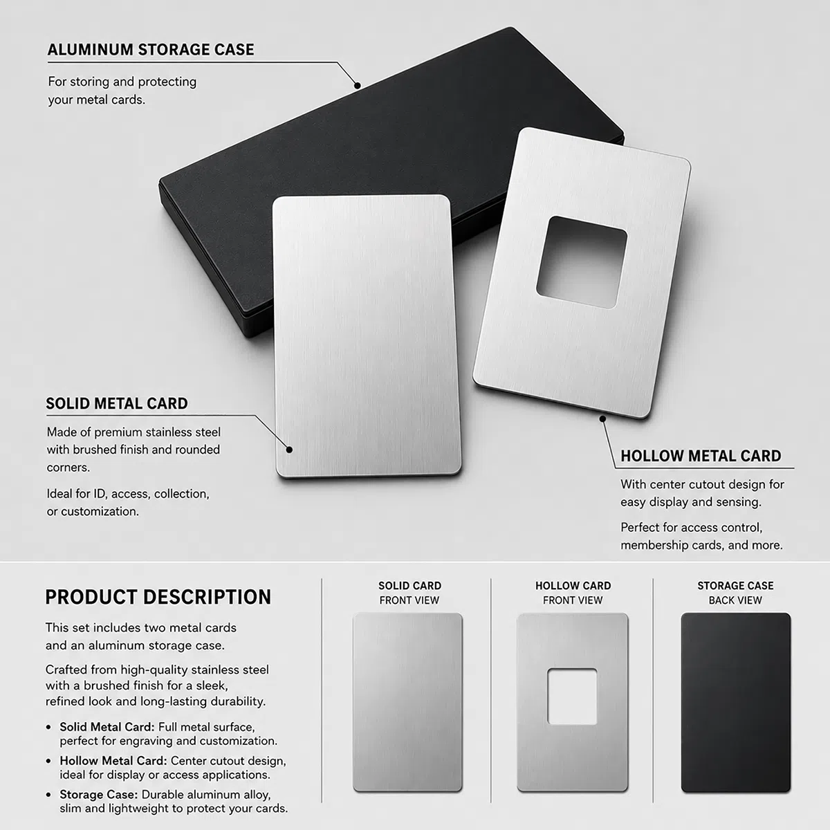 Solid metal card and hollow cutout metal card construction with aluminum storage case