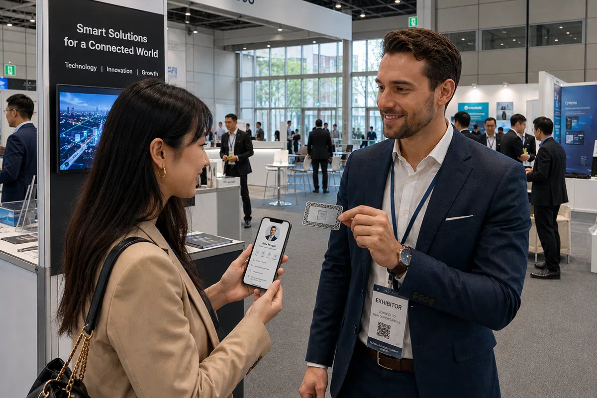Metal NFC card tapped on phone to share digital contact at a trade show