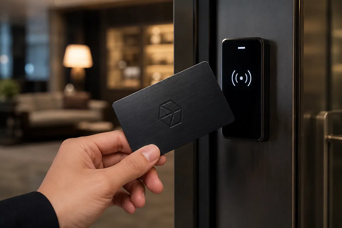 Metal VIP membership card tapped on access reader